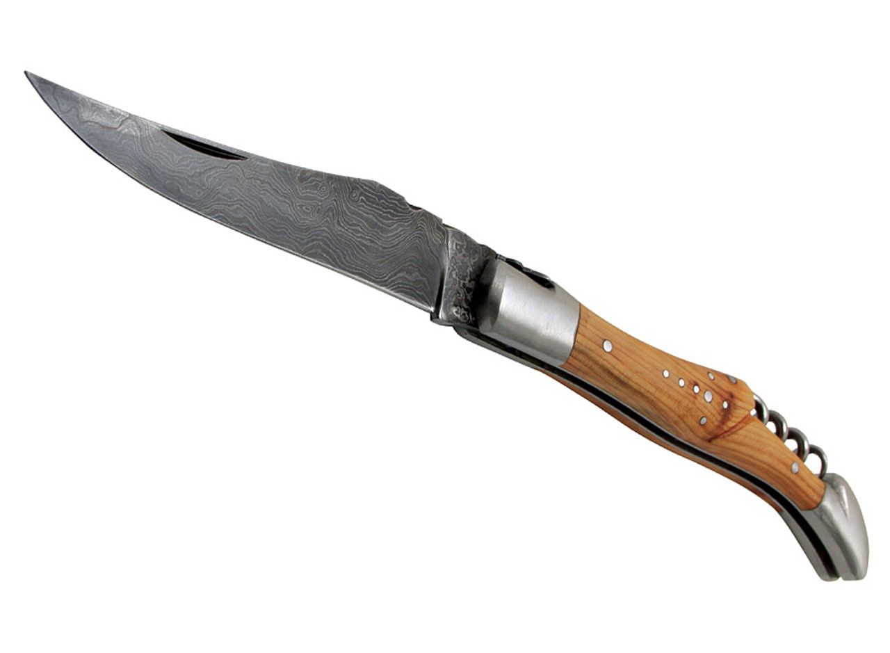 Laguiole knife 12 cm, corkscrew, Damascus, juniper wood - Pocket ...